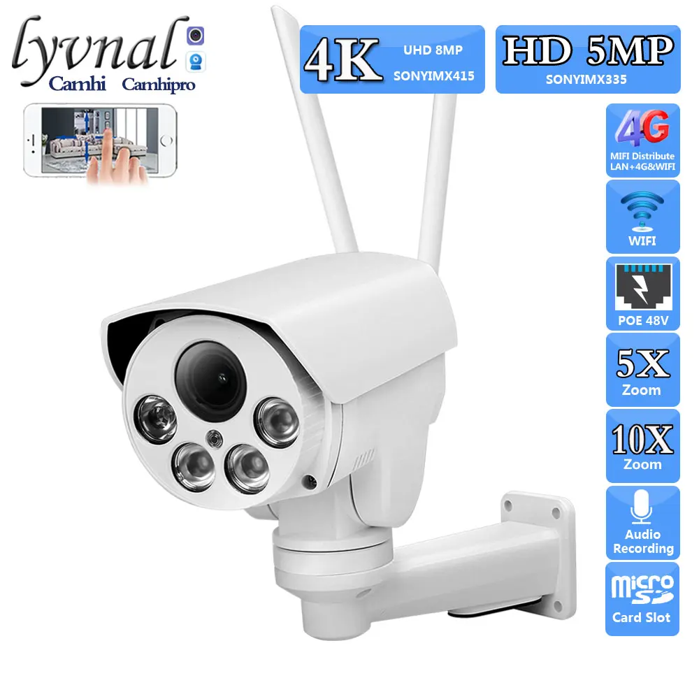 Sonyimx415 4K 8MP 3G 4G SIM Card Wireless Bullet Security Camera Wifi PTZ POE 5MP 5X 10X Zoom Autofocus Audio Human Detection