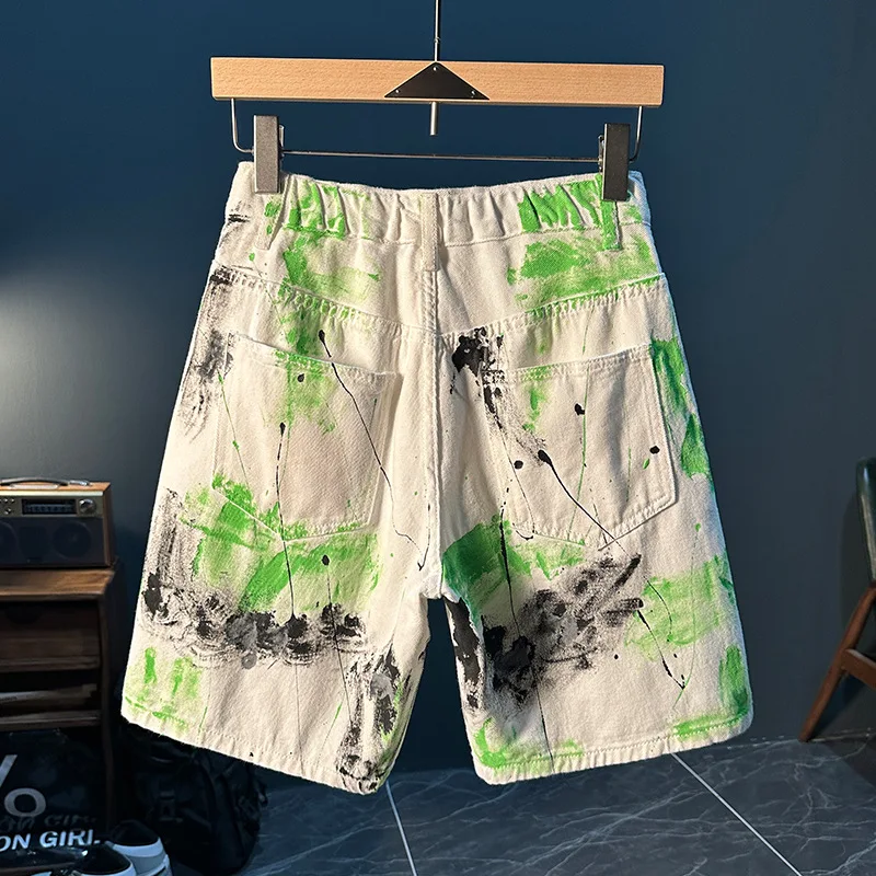 Fashion paint printing design denim shorts men's summer handsome street style trendy unique graffiti loose shorts