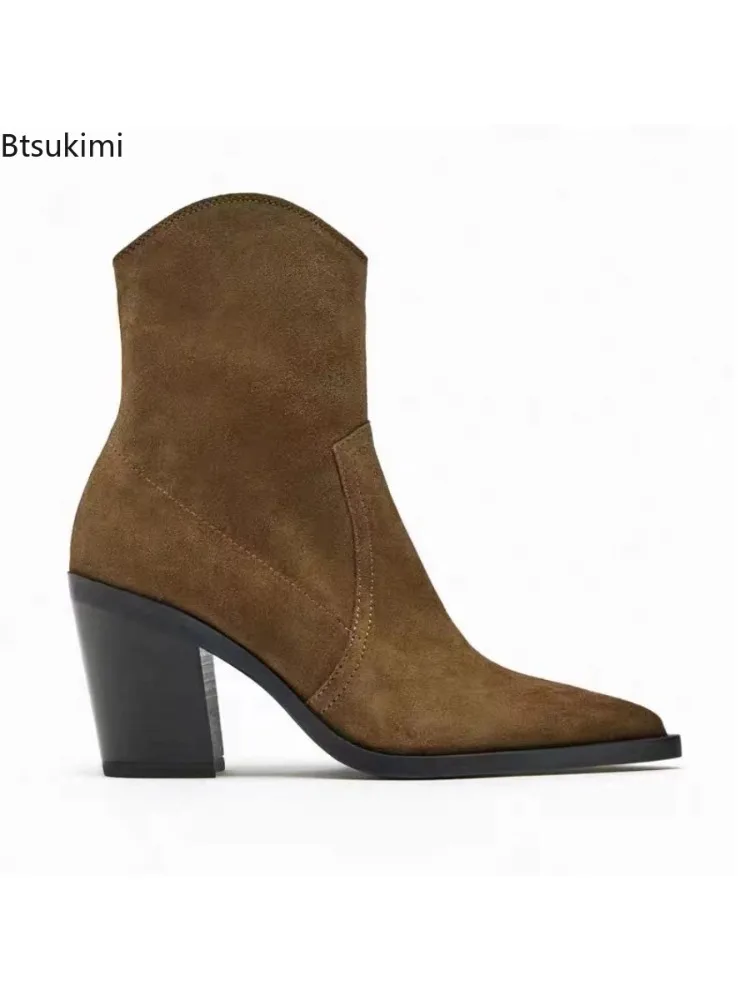 Nouvelles Bottes Chaudes d'Hiver 2026 pour Femmes, Bottines Courtes à Talon Moyen et Pointu, en Tricot, avec Talon Épais Marron pour Femmes