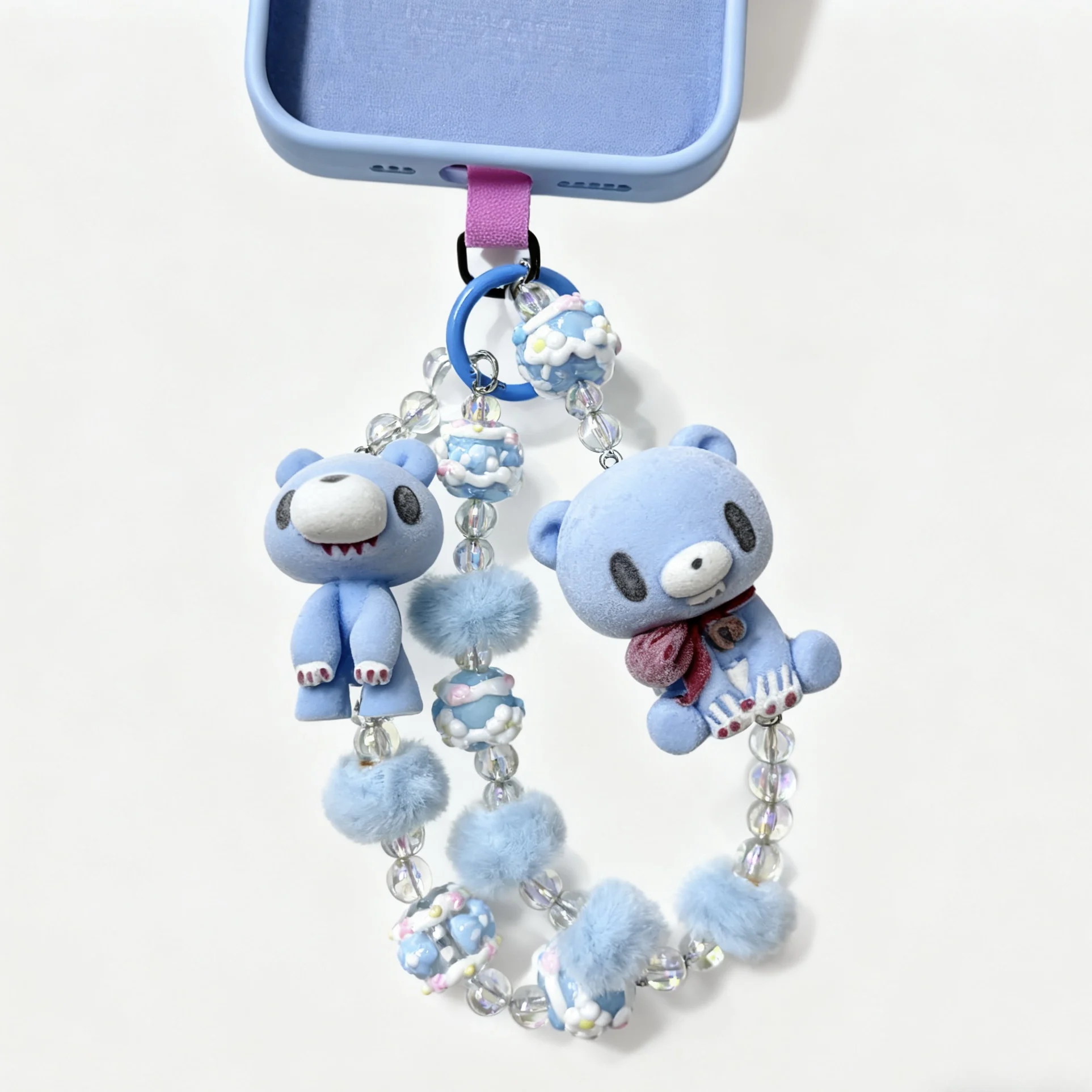 

Cute Light Blue Bear Phone Charm Strap with Crystal Beads & Fluffy Pom - Poms, Sweet Accessory for Phone Decoration