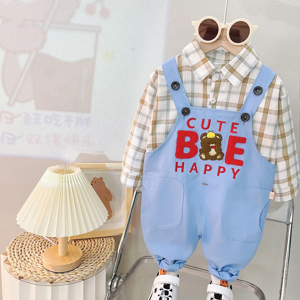 New Baby Boy Girl Tie Bear Shirt Suspender Suit Children Fashion T-Shirt Overalls 2Pcs Set Toddler Casual Costume Kids Tracksuit