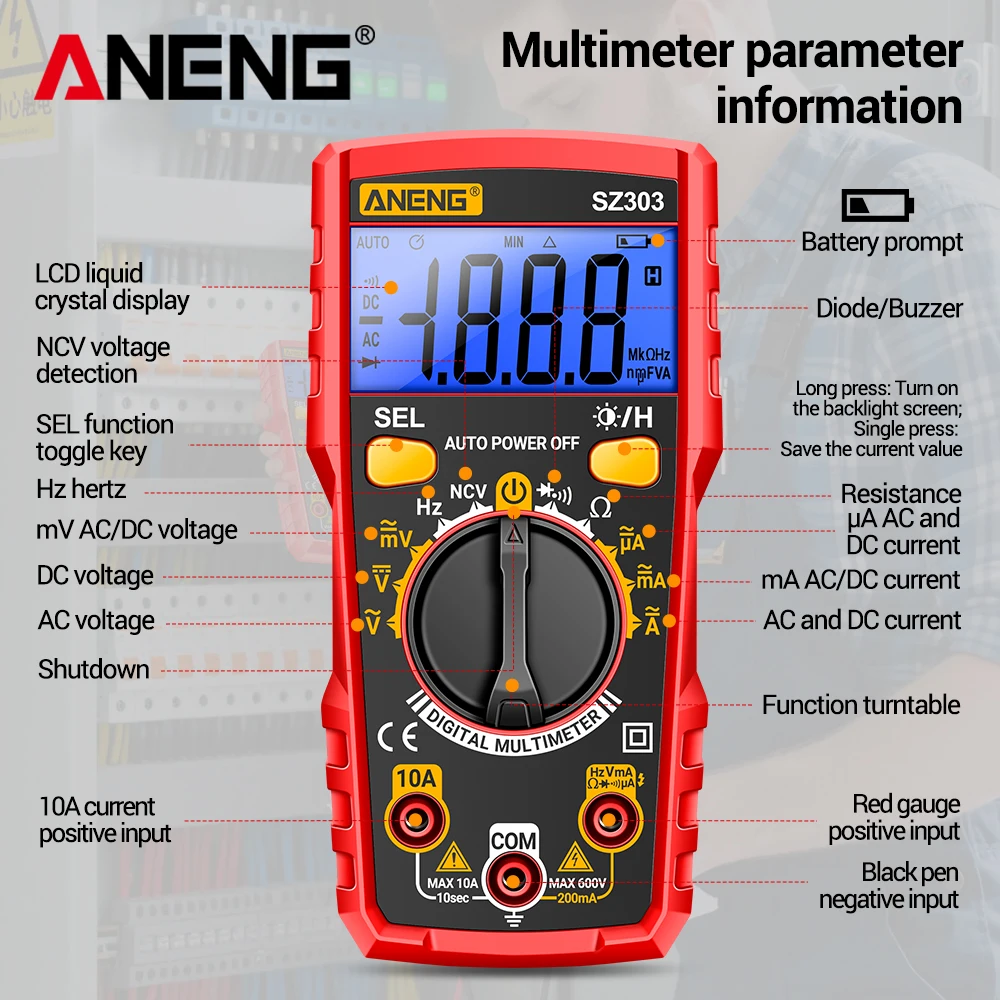 ANENG SZ303 Smart Digital Multimeter Tester 1999 العد المهني AC / DC الجهد الحالي الاحتفاظ بالبيانات الكهربائية عالية الدقة NCV الجهد الاستشعار أداة القياس