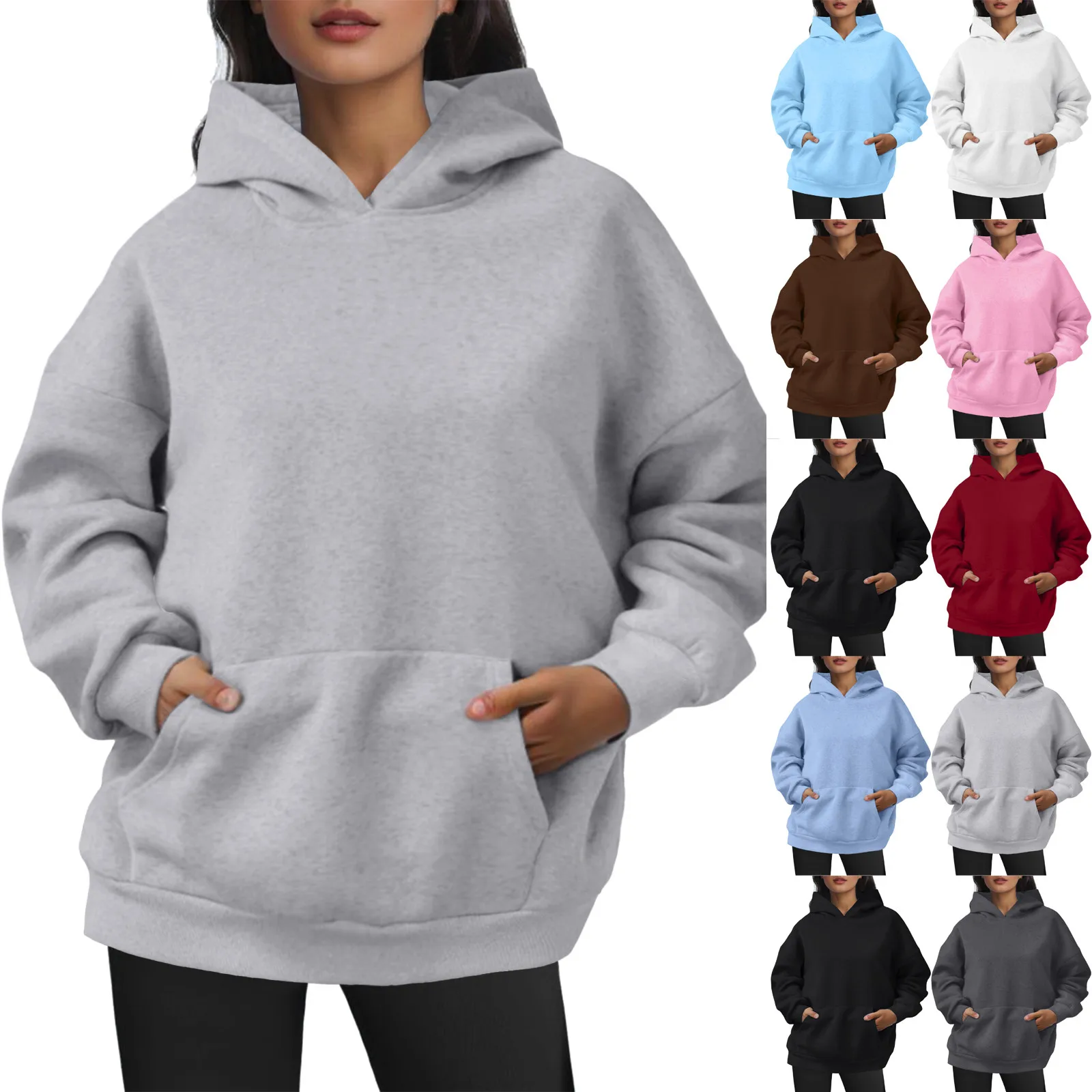 

2024 Jogger Sweatshirt Winter Front Pockets Plus Size Pullover Tops Autumn Casual Basic Women Solid Color Loose Hooded Hoodies