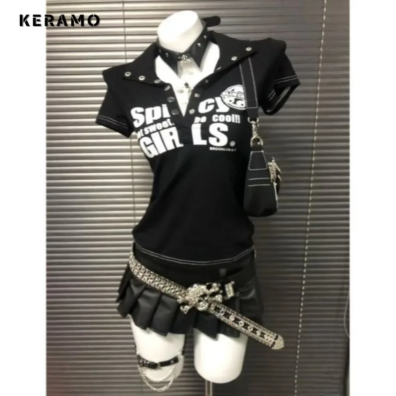

American Y2K Vintage Print Short Sleeve Sheath Black T-shirt 2025 Summer Women Casual Hip Pop Slim Fit Retro E-Girl Tees Top