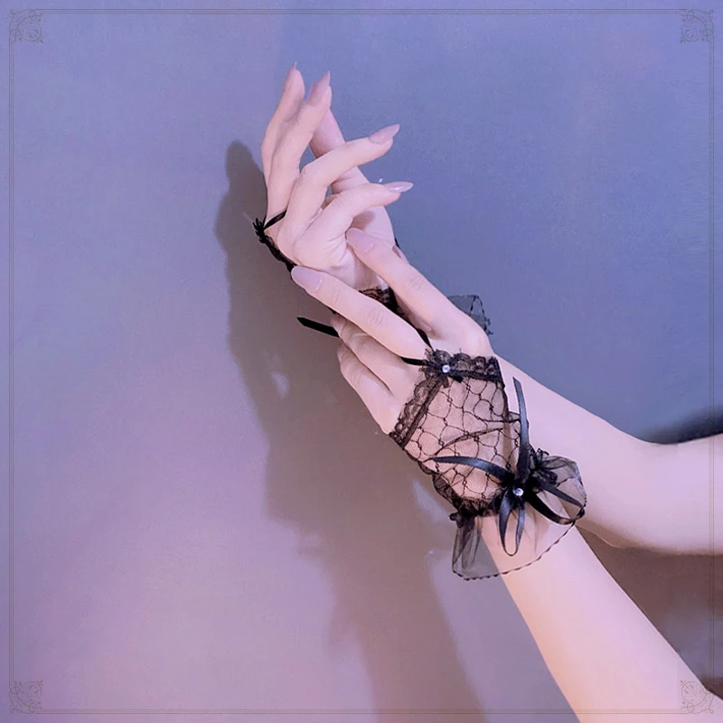 Women Organza Mesh Lace Wristband Rhinestone Lolita Glove Gingerless Mitt Sexy Batcave Gothic Punk Rock Harajuku Stage