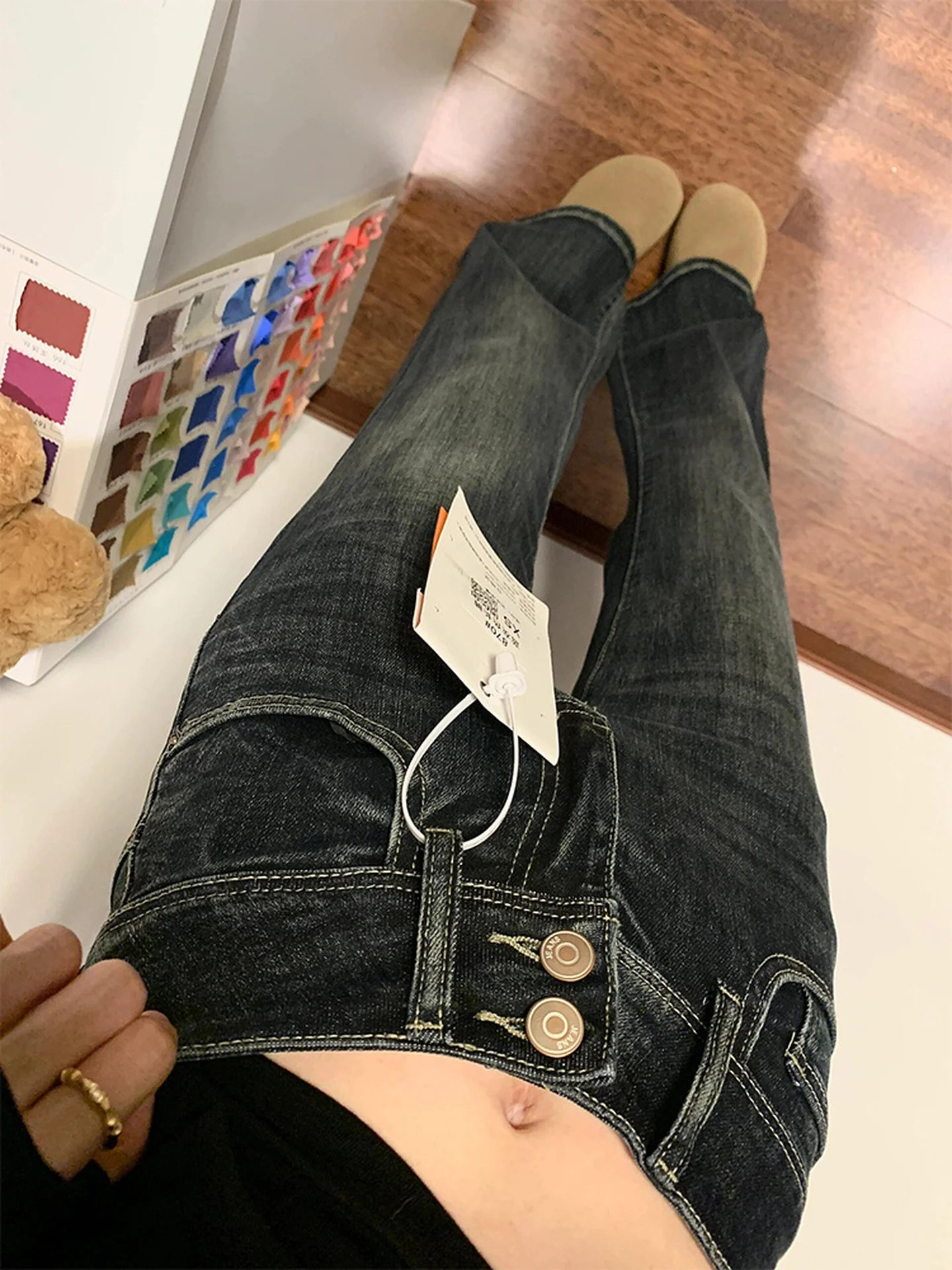 미국 스타일 슬림핏 부츠컷 스트레이트 레그 진 여성용 페어 에이프 디자인 센세이션 핫걸 가을 겨울 신상품