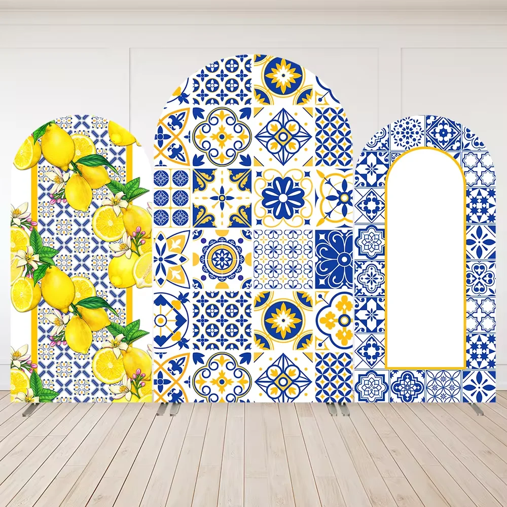 

Mehofond Portuguese Tiles Lemon Arch Backdrop Cover for Kids Birthday Party Wedding Decoration Wall Doubleside Background Prop