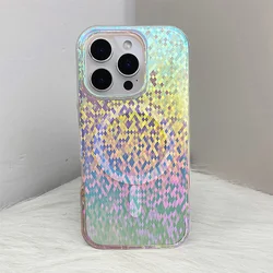 Laser Rhombus Grid for MagSafe Phone Case for iPhone 16 16pro max 15 14 Pro 13 12 Magnetic Wireless Charging Glitter Hard Cover