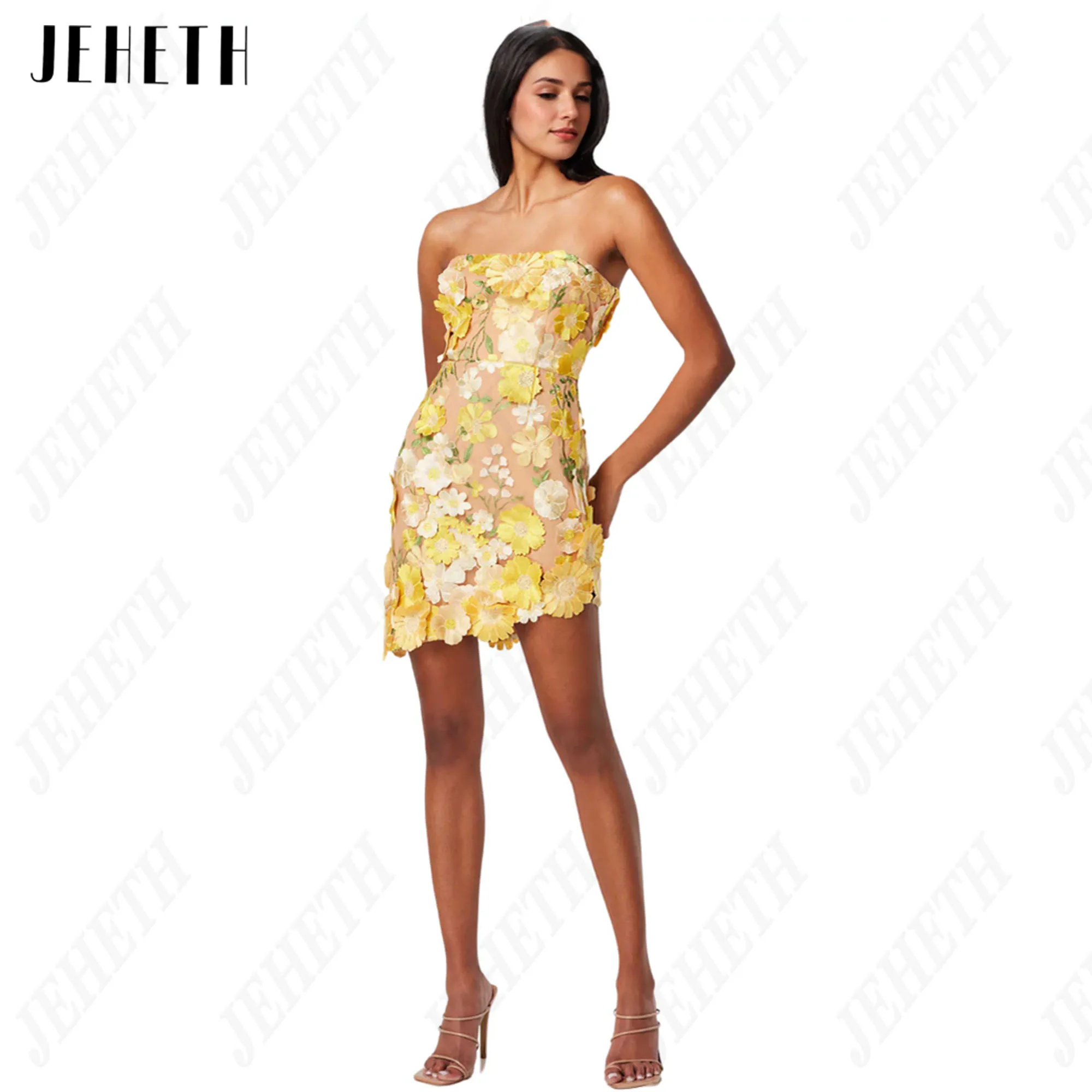 JEHETH 3D Flowers Mini Prom Dress Sleeveless Mermaid Embroidery Strapless Vestidos De Festa Floral Print Short Party Gowns 2024