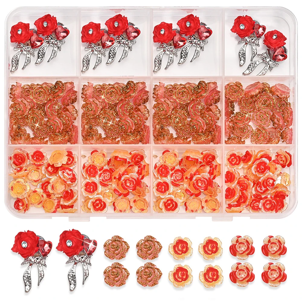 12 grades vintage glitter rosa flor encantos da arte do prego 3d luxo rosa coração bowknot liga acessórios do prego dia dos namorados prego dez