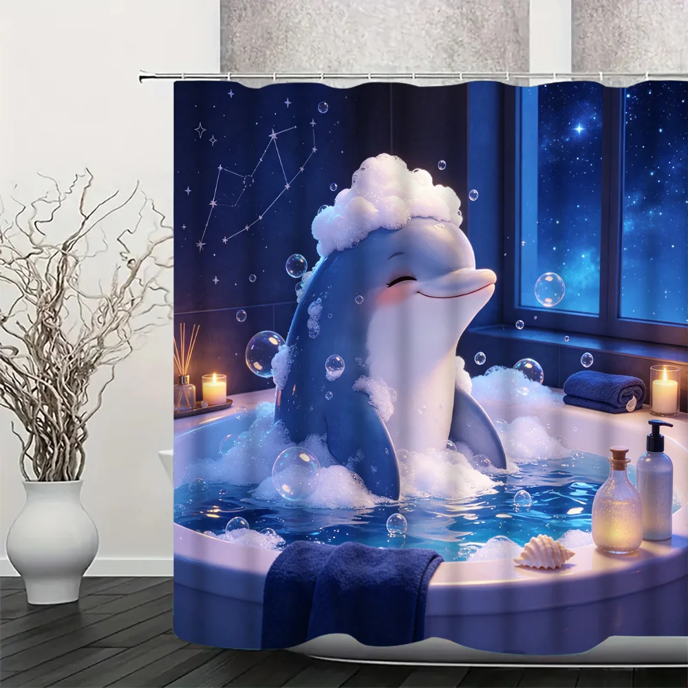 Dreamy Galaxy Dolphin Bath Shower Curtain Waterproof Bathroom Decor Nautical Starry Night Scene
