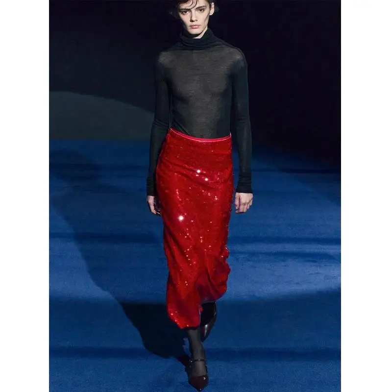 

Autumn Winter New Women's Faion Versatile Bead Decorated Midi Skirt 2025 Spring Straight Cut mid Waist Medium Length Knitte...