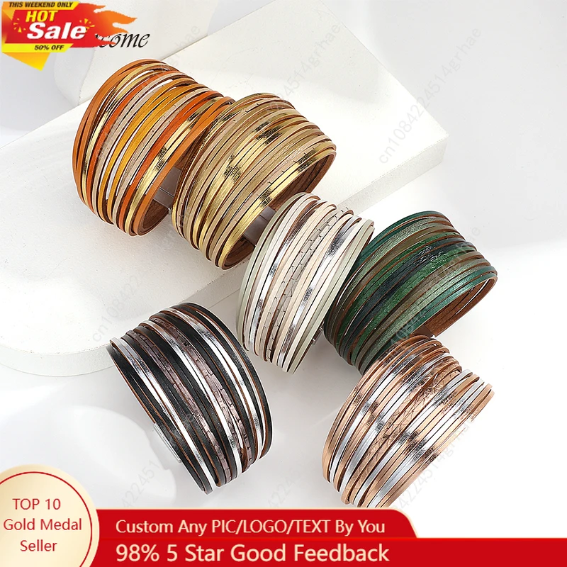 

Amorcome Bohemian Contrast Color Splice Slim Stripe Leather Bracelet for Women Multilayer Wide Wrap Bracelet Couple Jewelry Gift