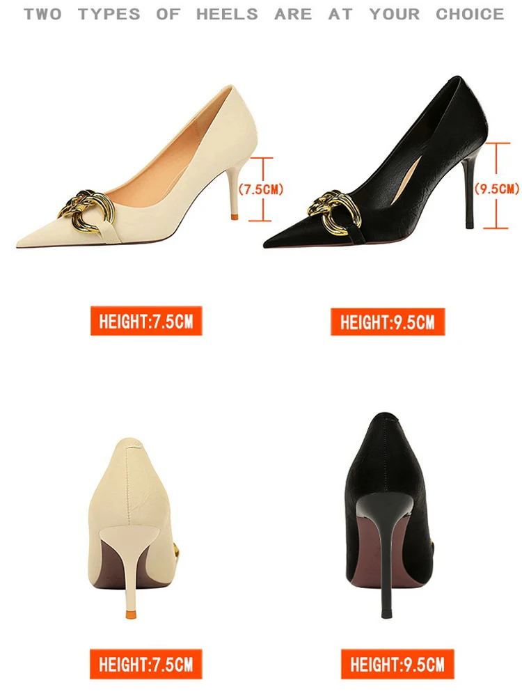 Women 7.5cm 9.5cm High Heels Escarpins Pumps Lady Metal Chain Low Heels Fetish Nightclub Slim Fit Party Green Office Prom Shoes