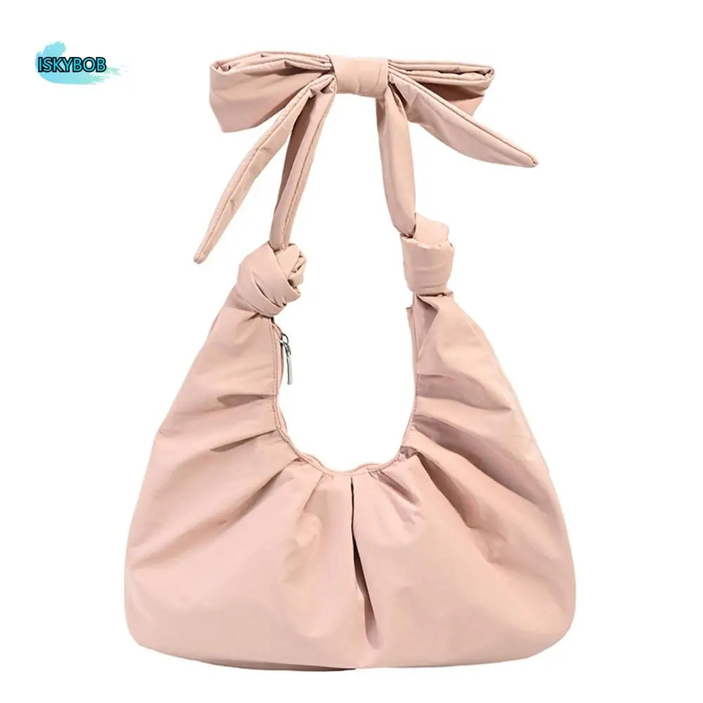 

Casual Sweet Pleated Bow Tote Bag Korean Style Bowknot Nylon Dumplings Bag Minority Design Pure Color Handbag Outdoor