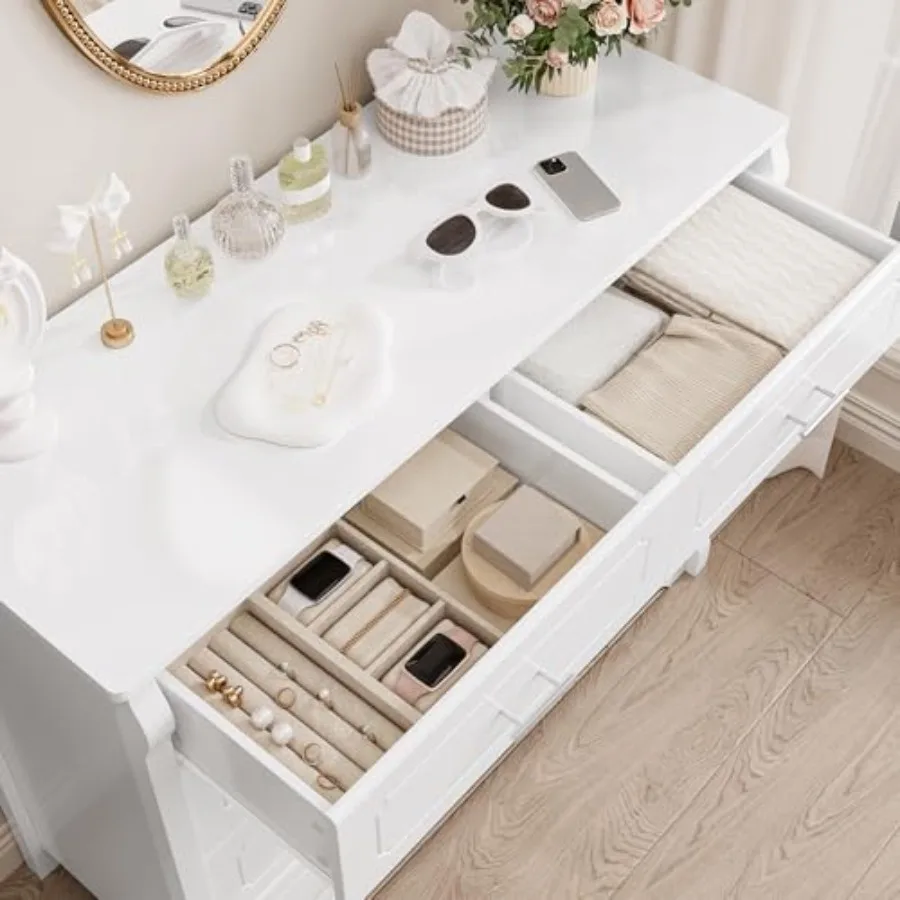 Lemari Laci Putih 8 Laci untuk Kamar Tidur 47 Lemari Kayu Modern dengan Laci Ganda dan Pegangan Logam