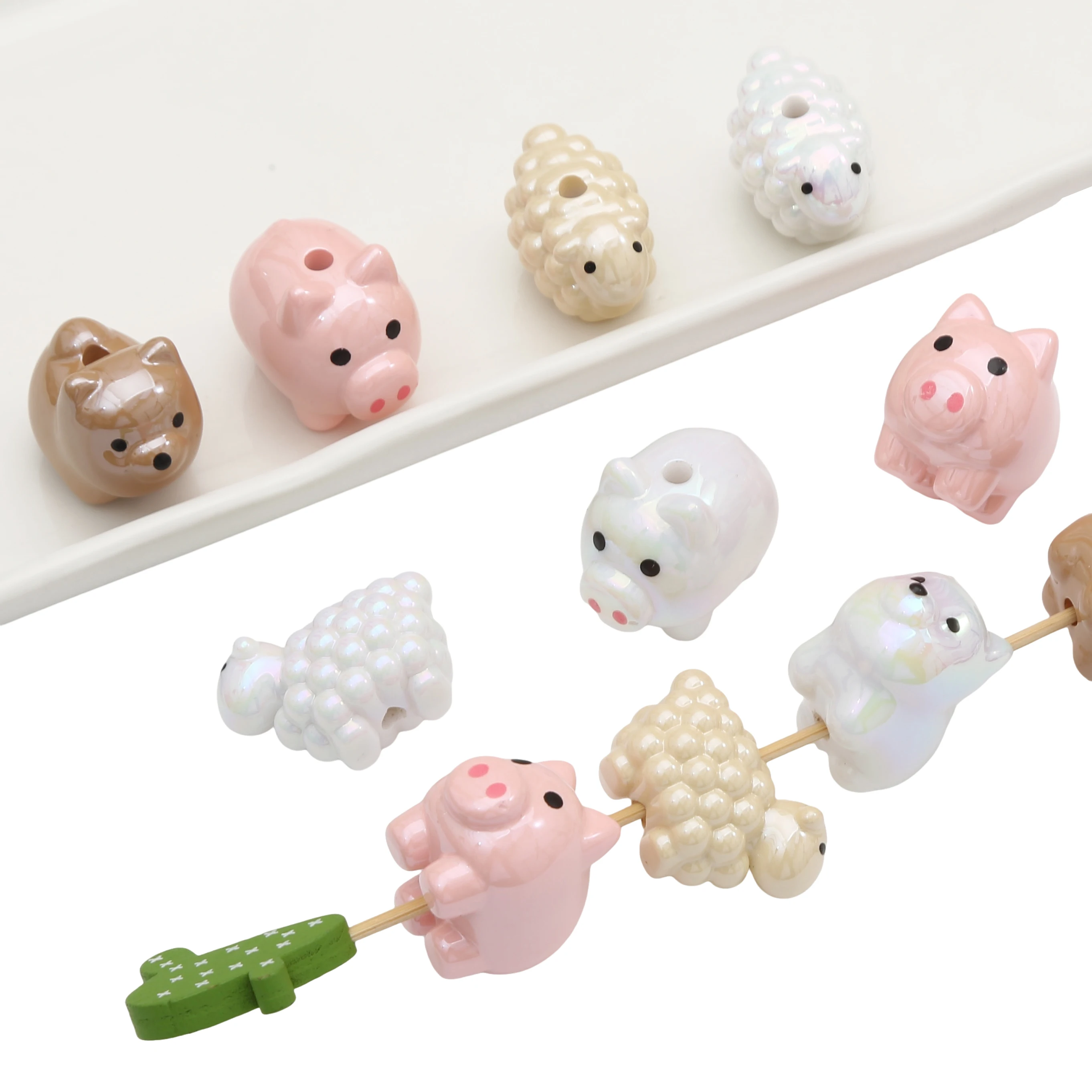 Perles d'animaux en acrylique, mouton, cochon, UV, trou de dessin animé, perles amples peintes à la main, pour bricolage, bijoux artisanaux, accessoires de fabrication