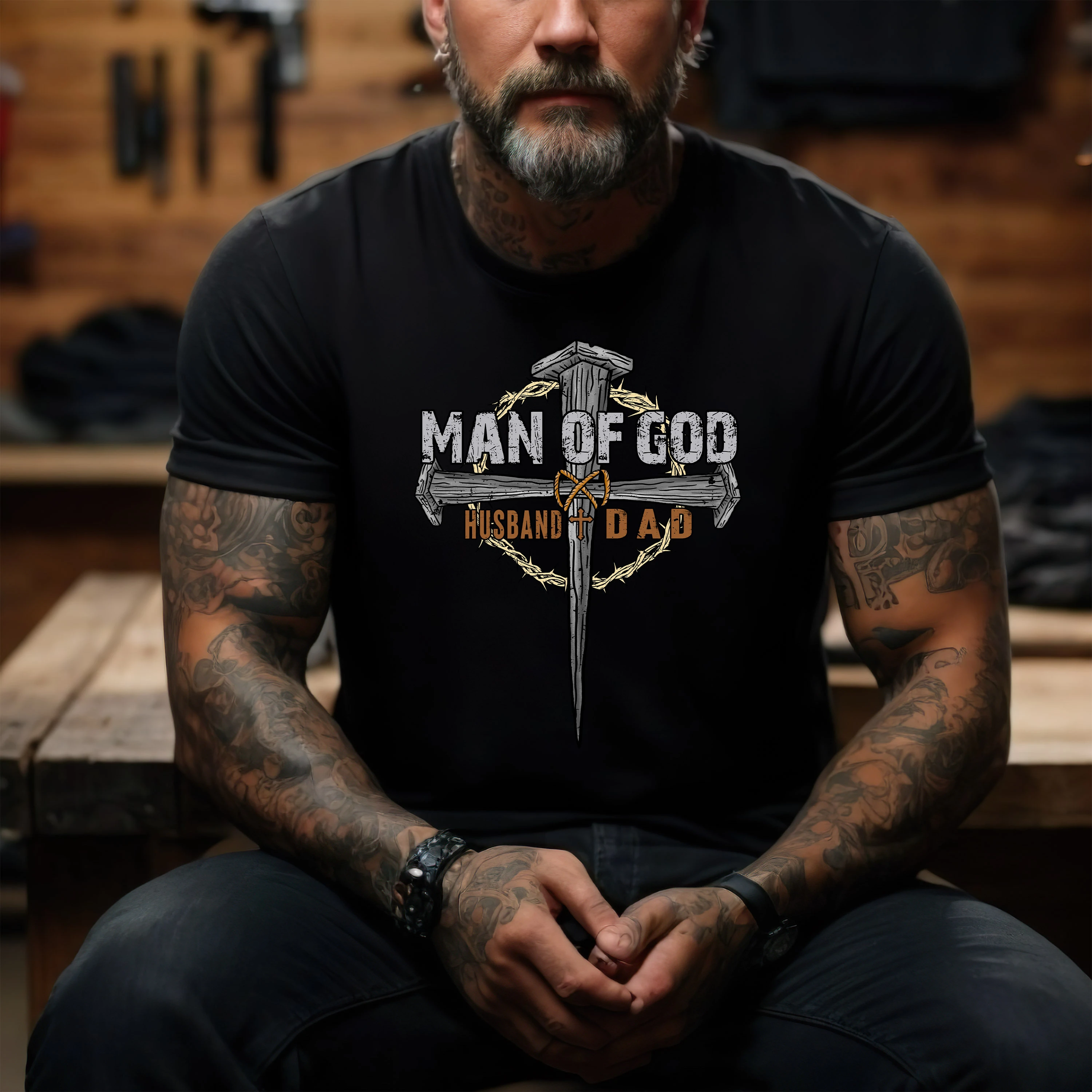 Men Christian T Shirt Man of God Cross Print Short Sleeve Tee Casual Faith Graphic Top Husband Dad Gift Streetwear Top
