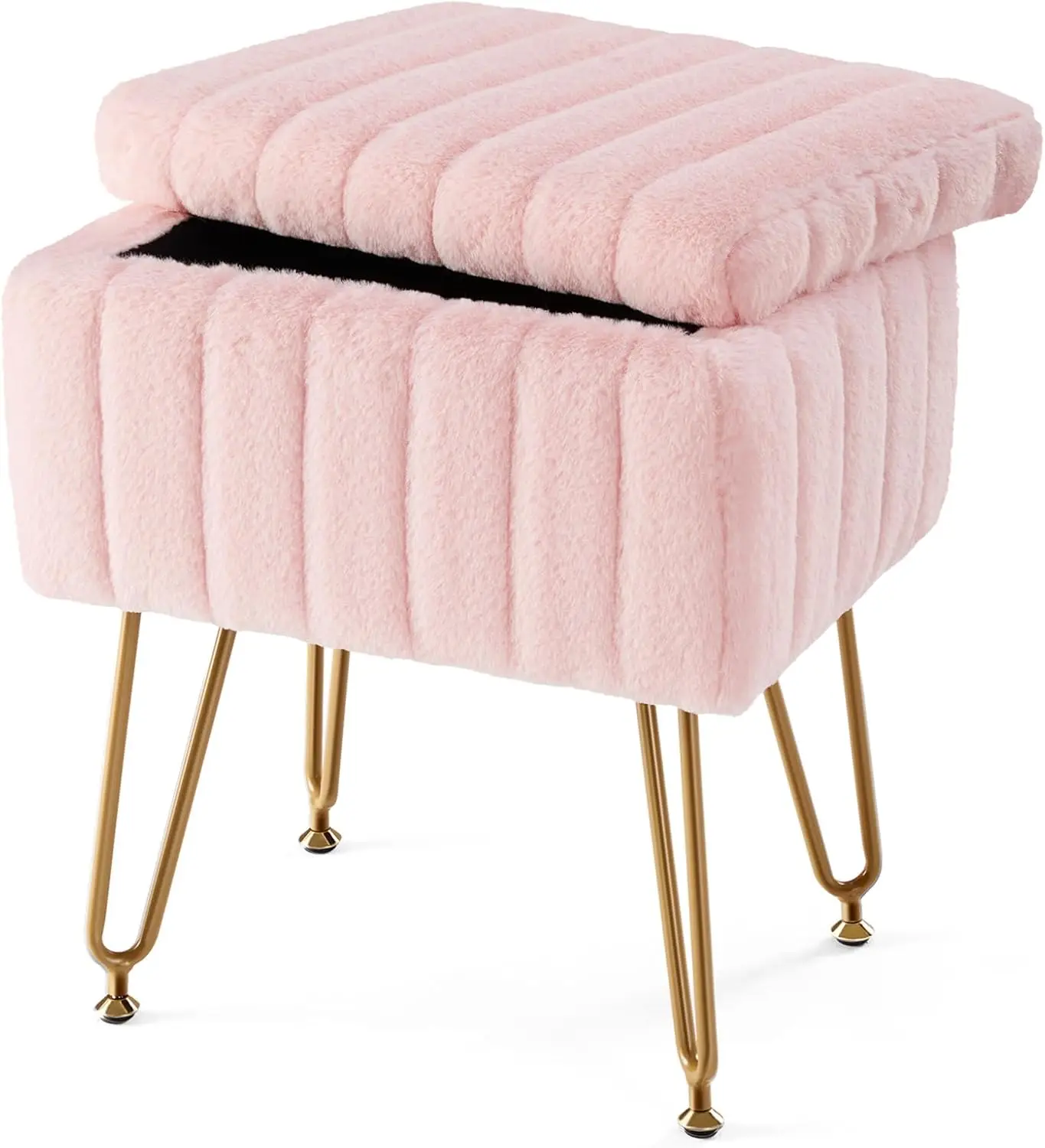 

Faux Fur Vanity Stool with Hidden Storage, 18.9"H, Pink, Soft Padded Ottoman Chair with 4 Metal Legs & Non-Slip Feet