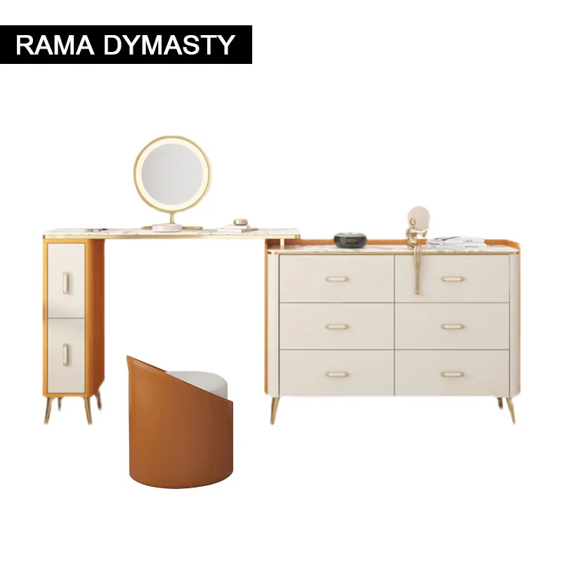 Light Luxury Minimalist Makeup Vanity Table with Drawers and Storage Cabinet Retractable Dressing Desk and Stool for Bedroom