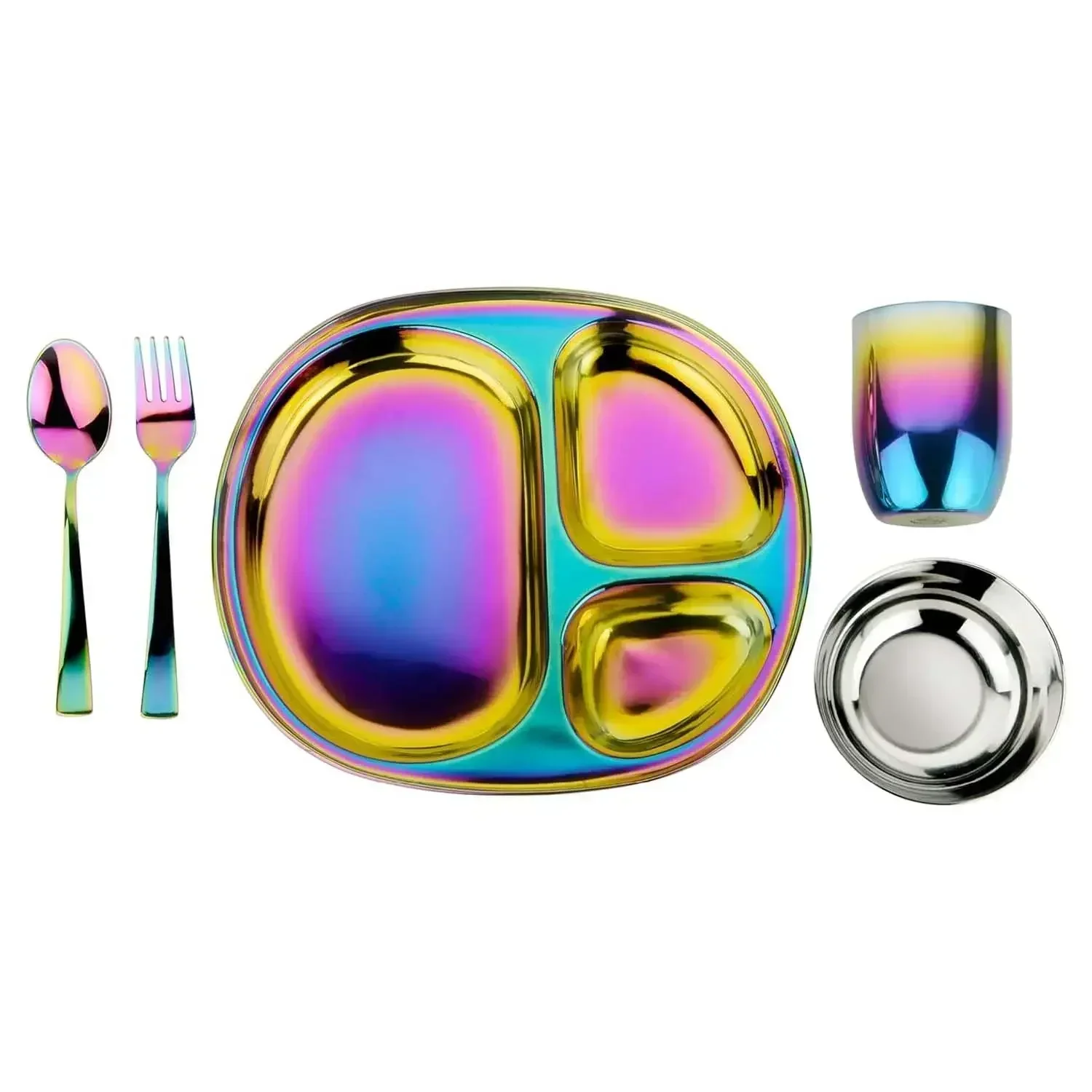 Stainless Steel Kids Dinnerware Set, Pediatrician Designed, 5 Piece Toddler Plates and Bowls Set, Stainless Steel Divided Plate,