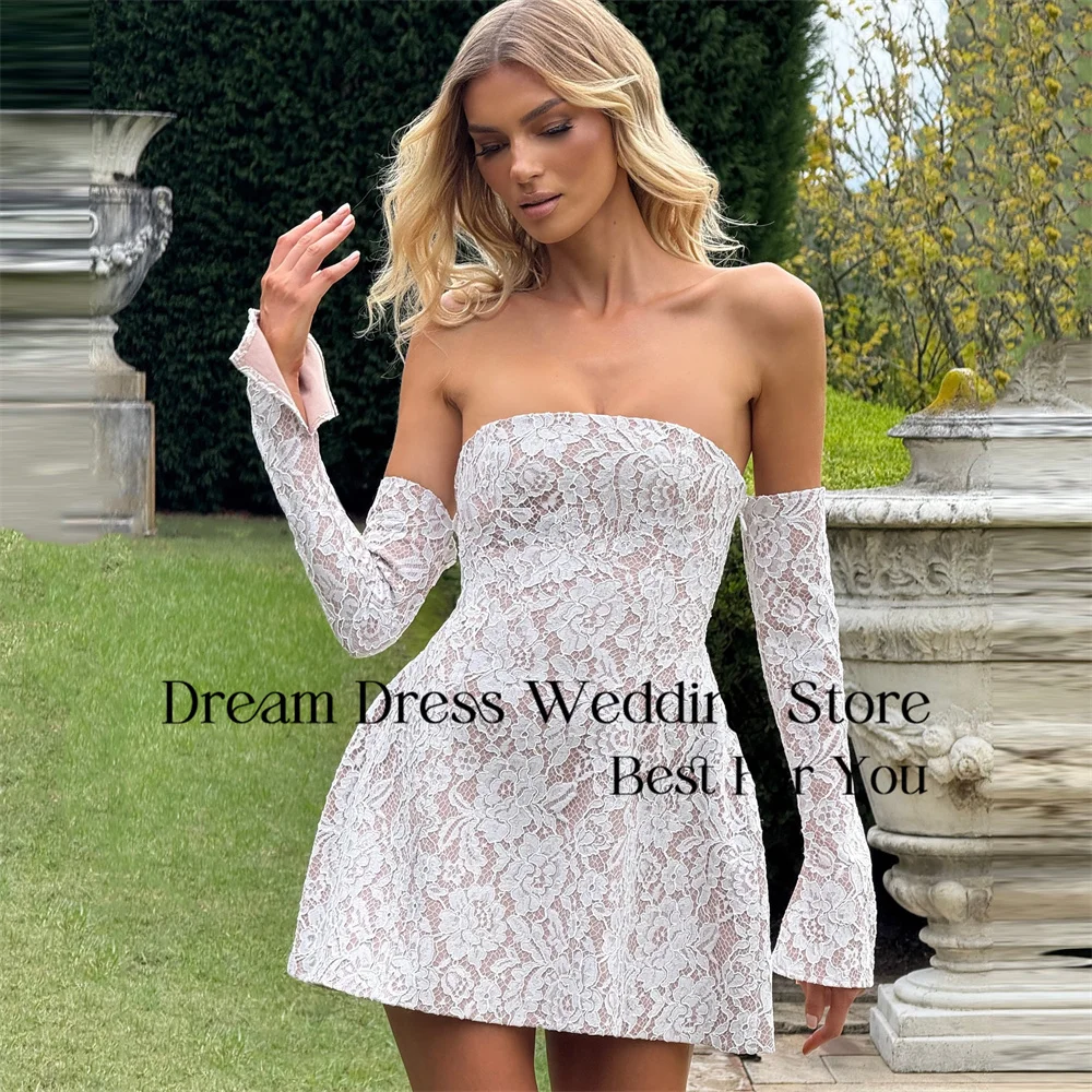 DREAM Lace Short A-Line Wedding Dress 2025 Strapless Long Sleeve Open Back Above-Knee Bridal Gown Vestido De Novia Customized