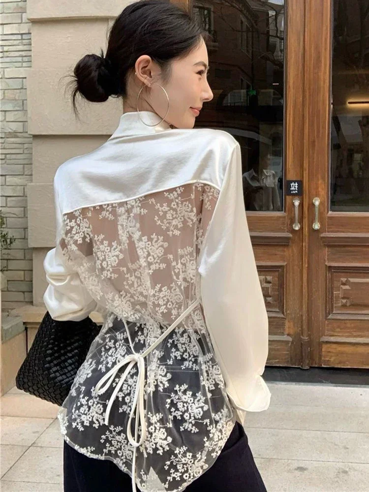 

Кружевная сексуальная атласная рубашка сзади, женская повседневная свободная винтажная лоскутная блузка с длинными рукавами, корейская уличная одежда в стиле ретро, женские дизайнерские топы