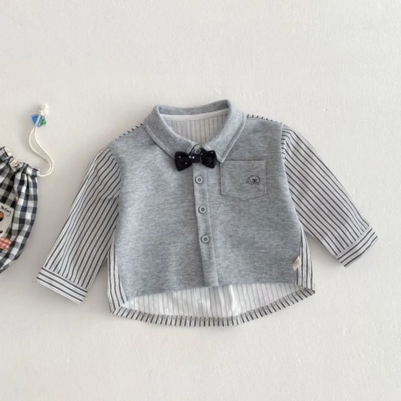 Newborn Baby Boy Cotton Bow Tie Striped Patchwork Shirt Infant Child Long Sleeve Gentleman Coat Spring Autumn Baby Clothes 9M-5Y