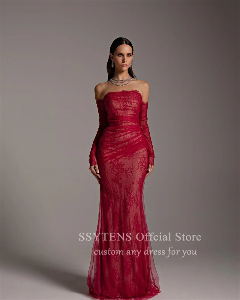 SSYTENS Red Special Occasion Party Dress Mermaid Formal Prom Gowns Customized Lace Detachable Long Sleeves Saudi Evening Dresses