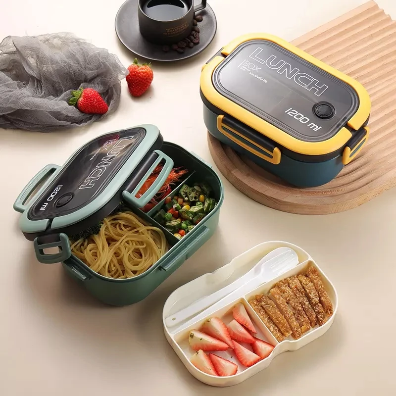 Portable Lunch Box With Fork Spoon 2 Layer Grid Leakproof Food Storage Container Box Outdoor School Kids Microwavable Bento Box