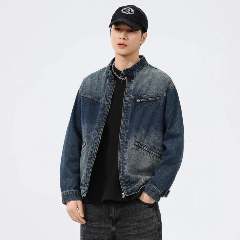 High-end American vintage washed denim jacket men's new tide of personalized wrinkles casual workwear tops