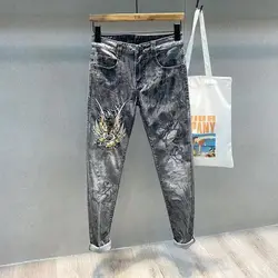 Retro Jeans for Men Slim Fit Torn Light Blue With Print Kpop Tapered Holes Mens Cowboy Pants Broken Ripped Aesthetic Xs Trousers