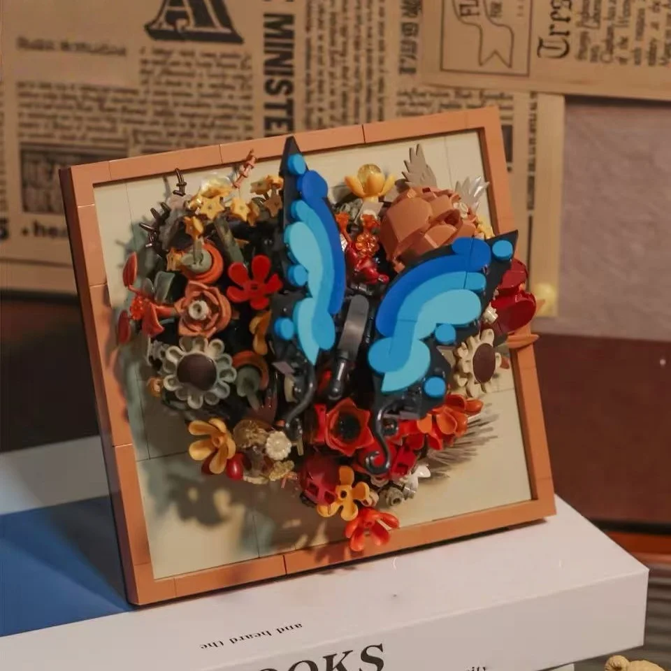 Kreatives Schmetterlings- und Blumenstrauß-Bausteinset - 3D-Wandkunst-Dekoration, Hergestellt aus Hauptmaterial ABS, für Heimdekoration, Tischdekoration, Muttertag/Valentinstag/Neujahr und