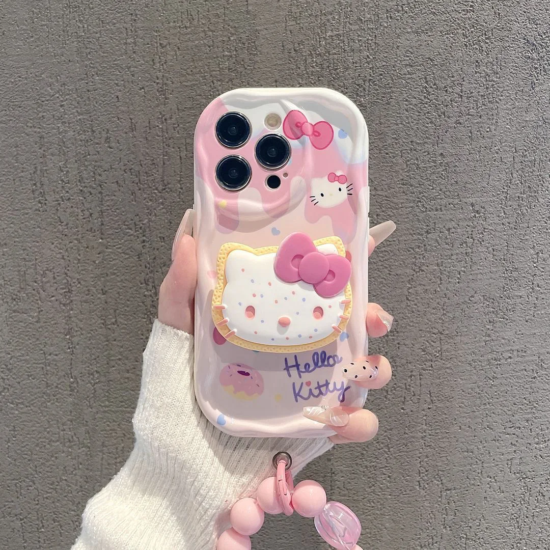 

Sanrios Hellokitty with Lanyard Bracket Phone Case For iPhone 16 15 14 13 12 11 Pro Max Mini X XR XSMAX Plus 3D Wave Back Cover