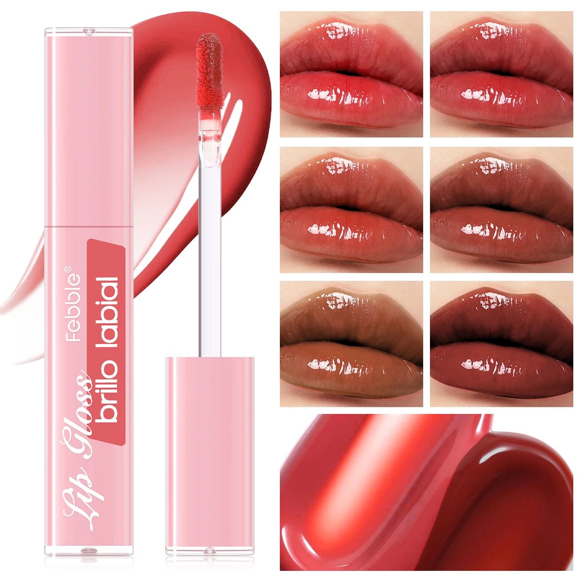 FEBBLE Lucidalabbra idratante, idratante a lunga durata, impermeabile, morbido e setoso, effetto lucidalabbra a specchio, tinta rossa