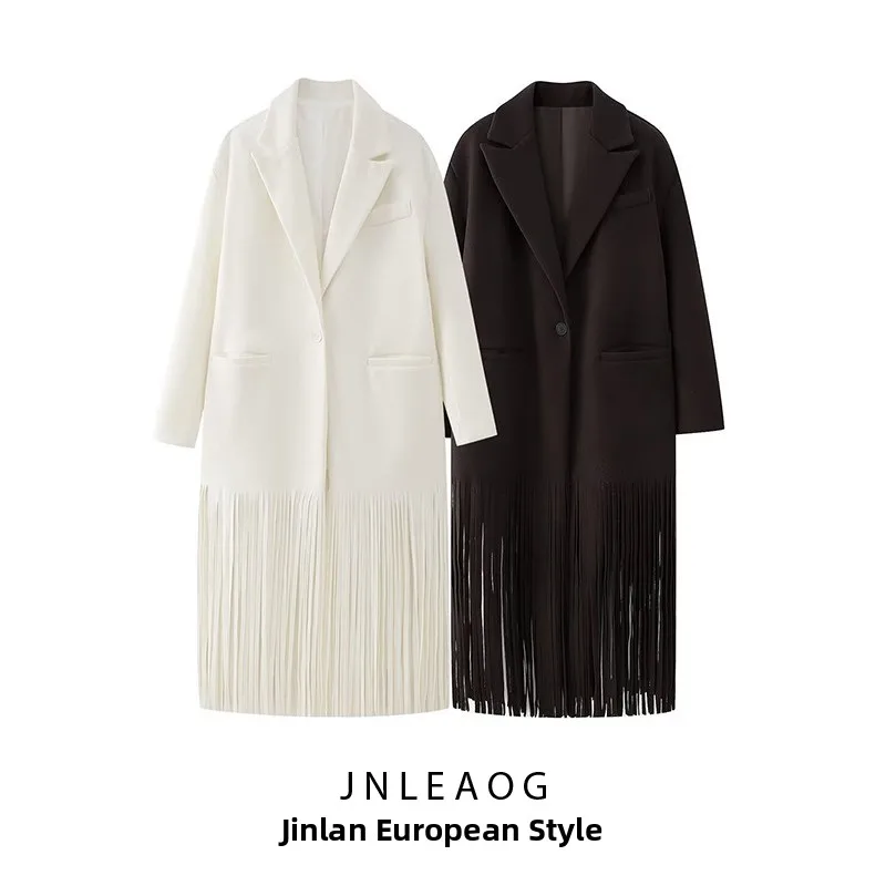 

Женский пиджак JNLEAOG с длинными бахромчатыми вставками, модный дизайн, повседневный, из полиэстера, однотонный, осенний сезон, на одной пуговице