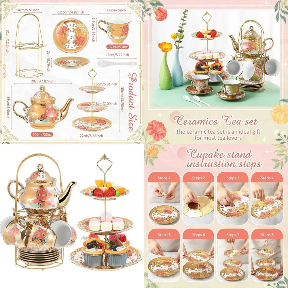 

Чайный сервиз с цветочным принтом в европейском стиле, 21 предметов, с металлическим держателем, 3-уровневая подставка для торта, фарфоровый чайник для взрослых и рождественских подарков