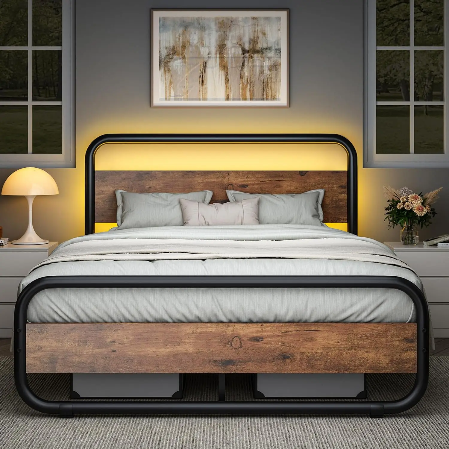 Queen Size Bed Frame, Queen Bed Frame with Led Headboard, Metal Slats Support, Under Bed Storage, Noise Free, No Box Spring Need