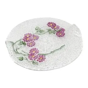 Serving Fountain/Bohemian glass tray 35 cm diameter | Hand painted pink flowers drawings-Anemone