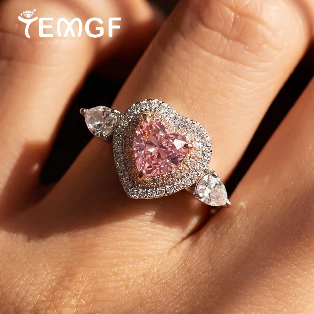 

7*7mm Heart Cut Pink Moissanite Engagement Rings for Women Sparkling Lab Diamond S925 Silver 3-Layer Wedding Band Bridal Jewelry