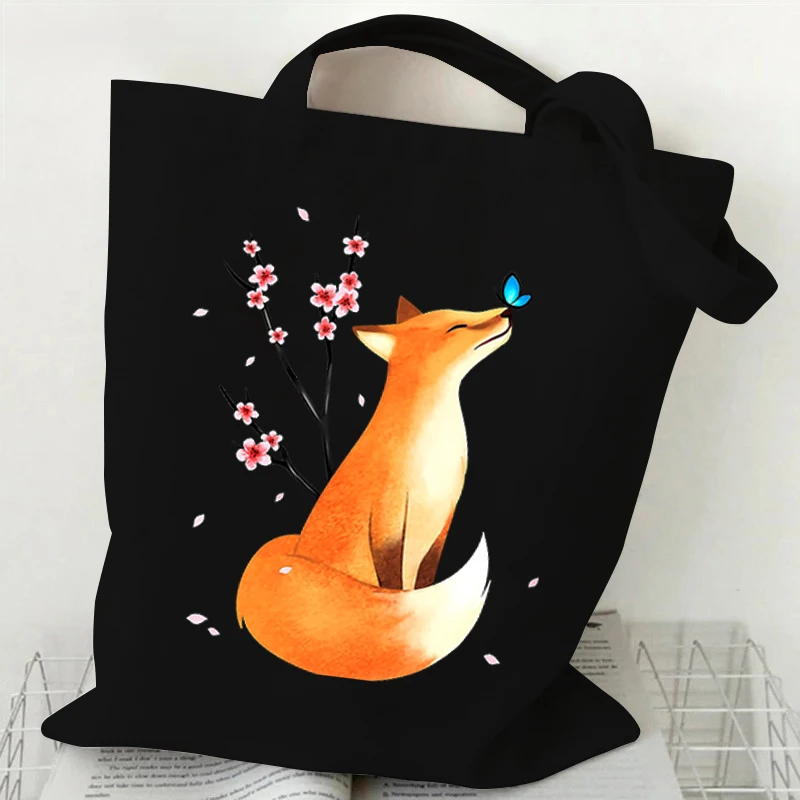 Sakura Fox Print Handbags Women Butterfly Wild Flower Shopper Shopping Bag Anime Animal Fox Reusable Fashion Trend Shoulder Bags