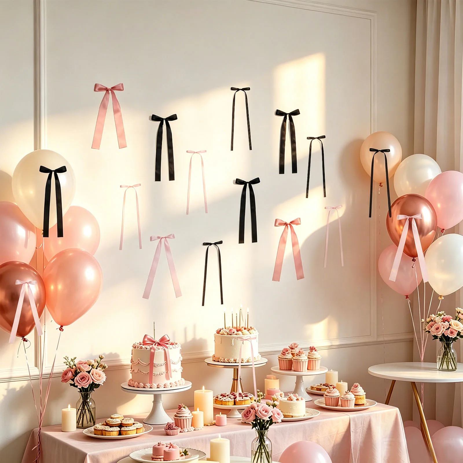 Lot de 50 nœuds décoratifs muraux faciles à installer, réutilisables, roses et noirs, avec épingles et points adhésifs pour toile de fond de fête