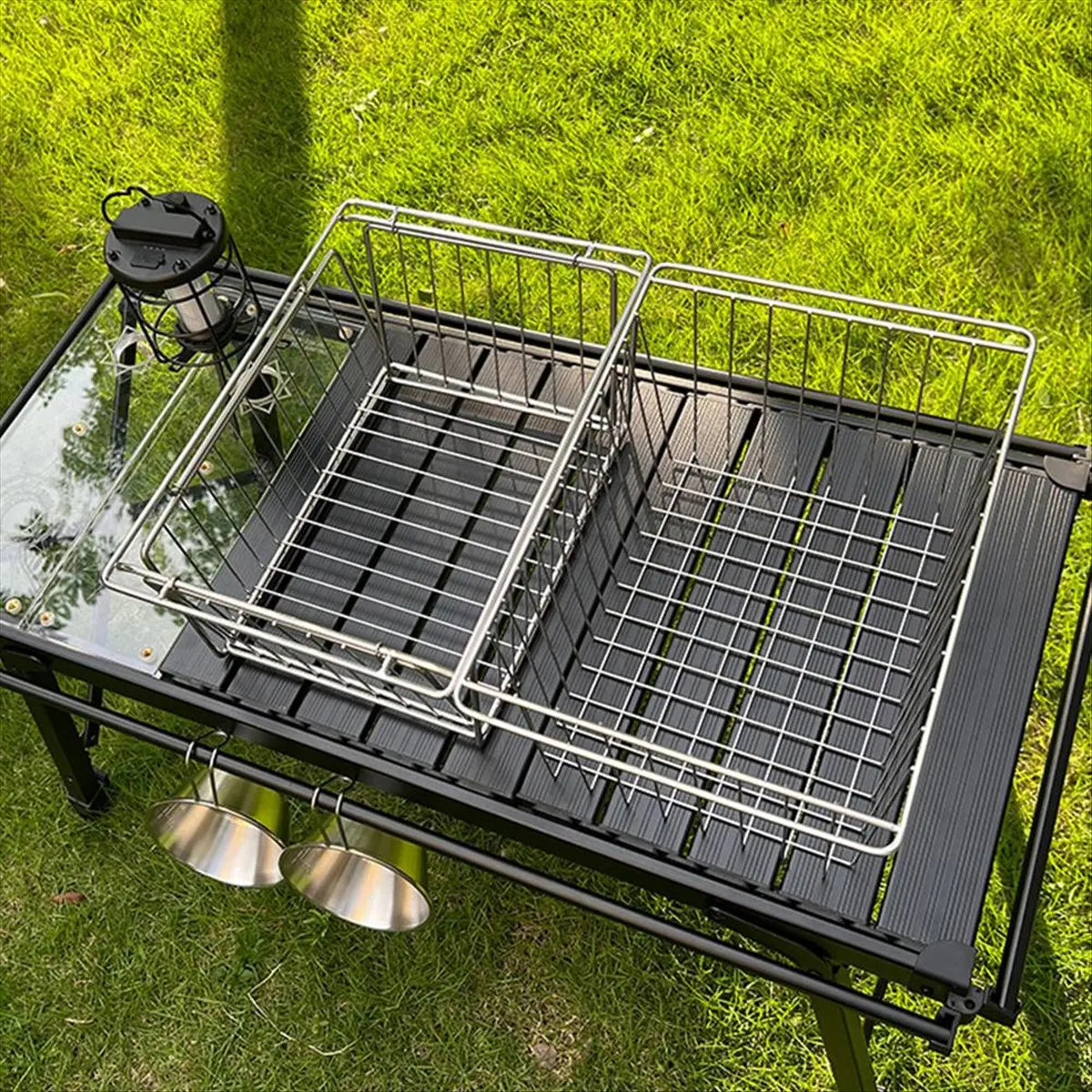 PROFESSIONAL USE Camping Drain Basket Stainless Steel Camping Storage Basket Multifunctional Folding Basket for Table Side Expan