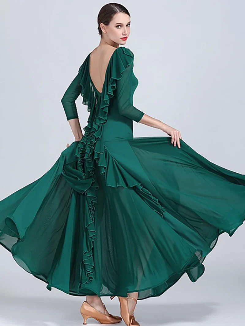 Abito da ballo da sala da ballo per competizione nazionale senza schienale con volant in rete Abiti da sera femminili Abito da ballo per donna adulta