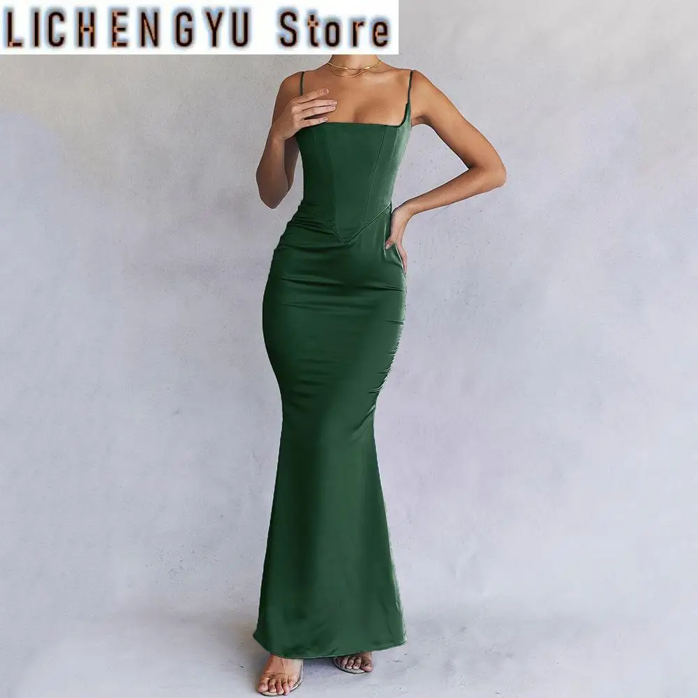 Vestido de fiesta de sirena elegante verde, ajustado con tirantes finos para celebridades vestido de noche, vestidos formales para ocasiones de verano, nuevo