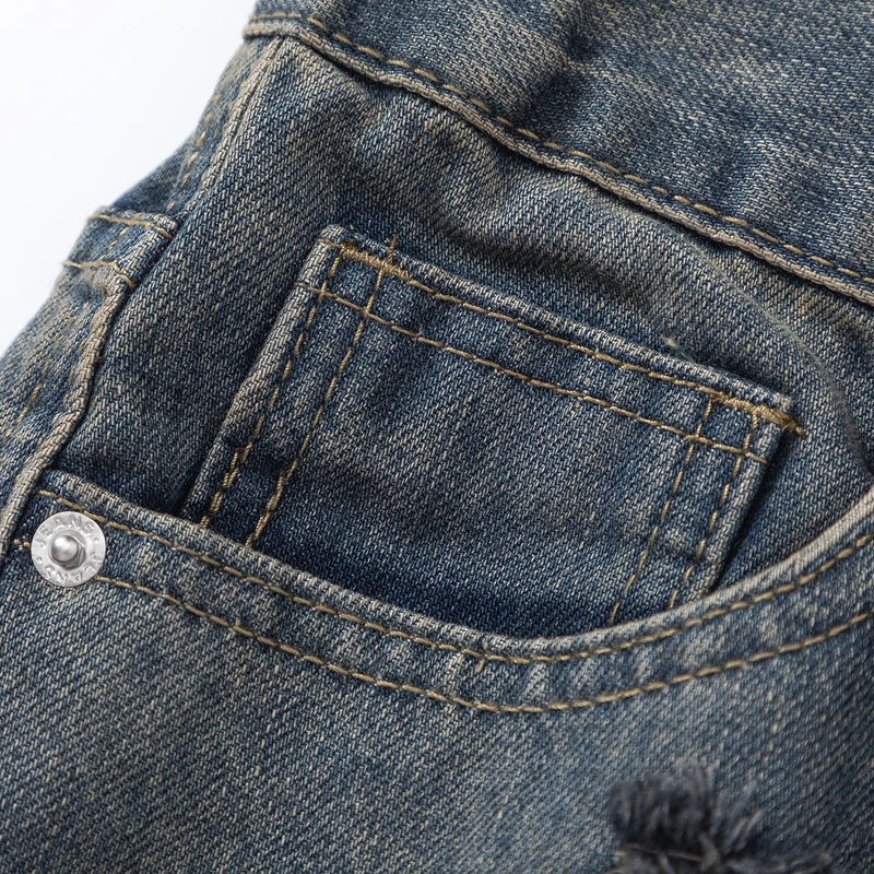 Fashion Elastic Zipper Button Pockets Washed Hole Jeans Men's Clothing 2024 Summer New Loose High Waist Casual Straight Trousers