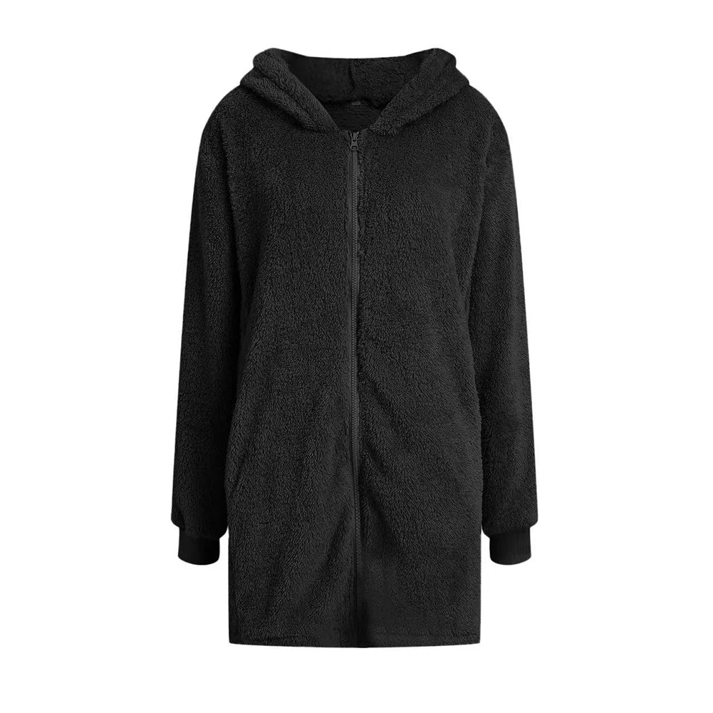 

Women Plush Hooded Jacket Cardigan with Front Zipper Thick Warm Mid Length Coat Outerwear for Seasonal Casual Wear
