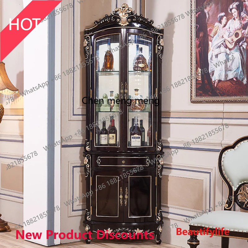 

Угловые шкафы в европейском стиле. Витрина для гостиной. Угловой винный шкаф из массива дерева с росписью из черного дерева и золота.