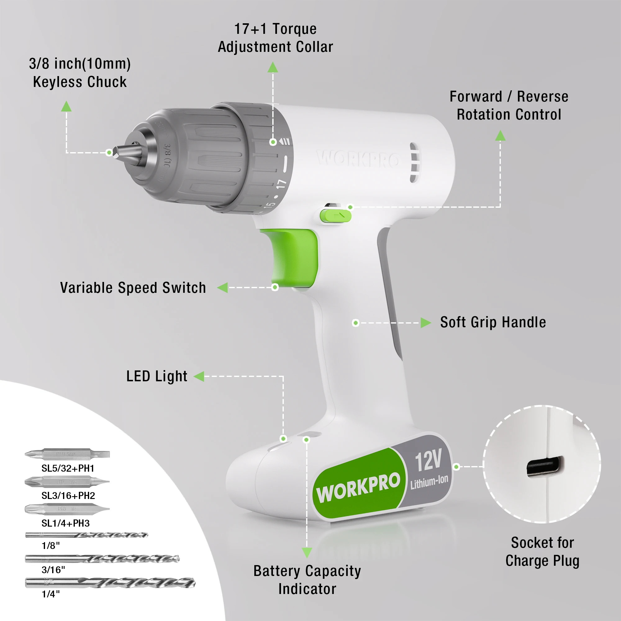 

WORKPRO 12V Cordless Drill Driver Set 17+1 Gear Torsion Adjustment Electric Power Drill Tool Kit