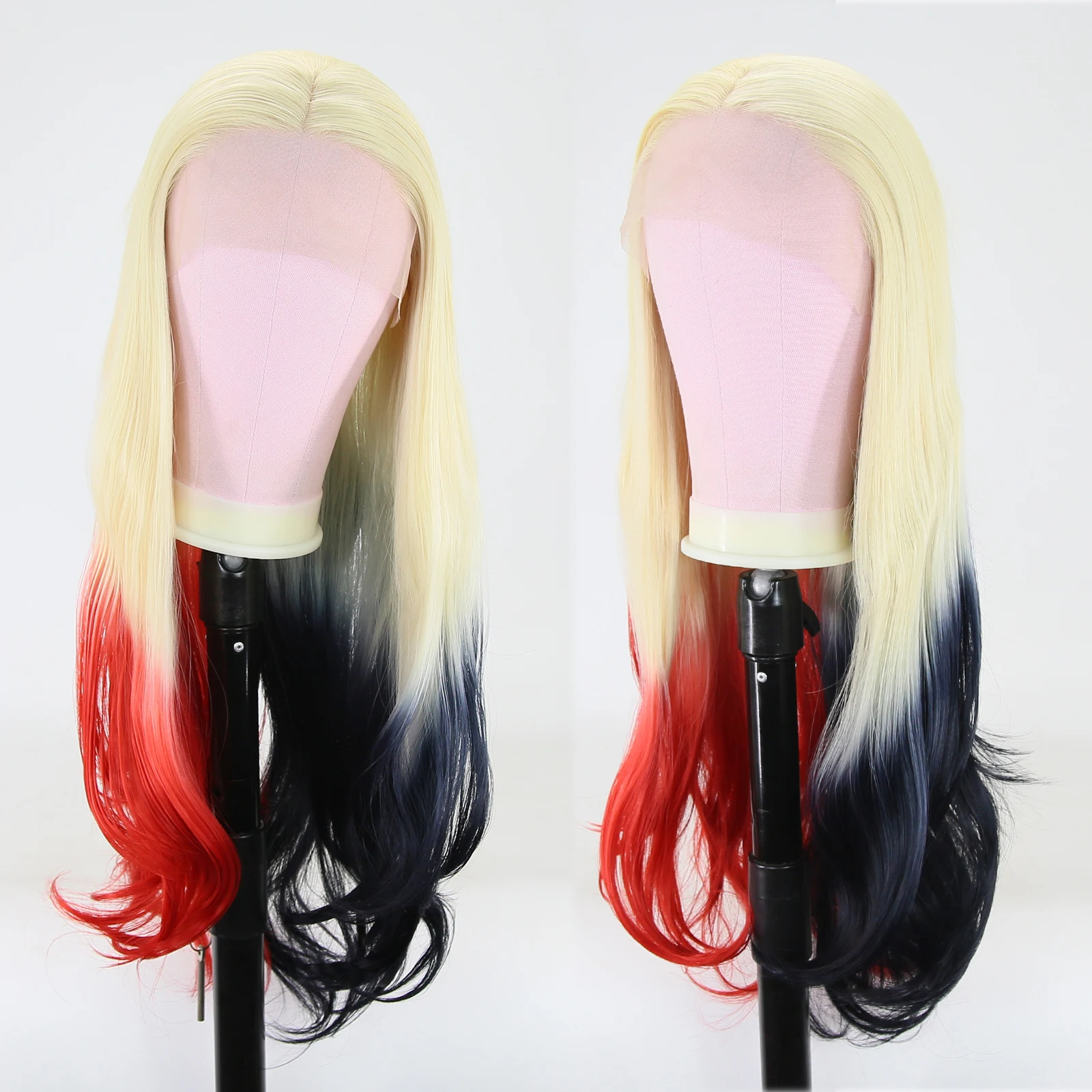 

Blonde Ombre Half Red Half Black Long Wavy Heat Resistant Fiber Hair Middle Parting Synthetic Lace Front Wigs for Women